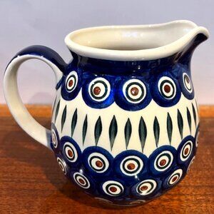 Wiza Polish Pottery Handmade 28oz Pitcher Peacock Leaves